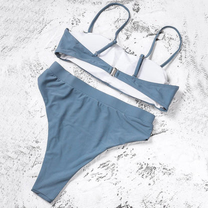 Bikinis Solid Push Up Bikini Padded Bra Straps High Waist Swimsuit Female Swimwear Women's Bathing Suit Lace up Bikini Ribbed Two Piece Swimsuit