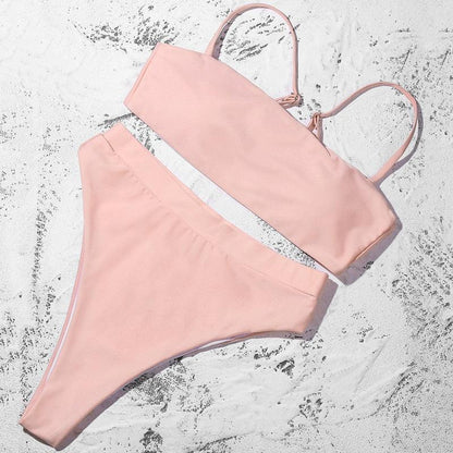 Bikinis Solid Push Up Bikini Padded Bra Straps High Waist Swimsuit Female Swimwear Women's Bathing Suit Lace up Bikini Ribbed Two Piece Swimsuit