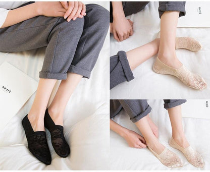 5 Pairs Fashion Women Girls Summer Socks 7 Color Style Lace Flower Short Sock Antiskid Invisible Ankle Socks For Women