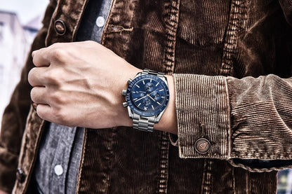 New Men Silver Blue Watch Business Analog Chronogragh Full Steel Luxury Casual Male Waterproof Sports Design Watches