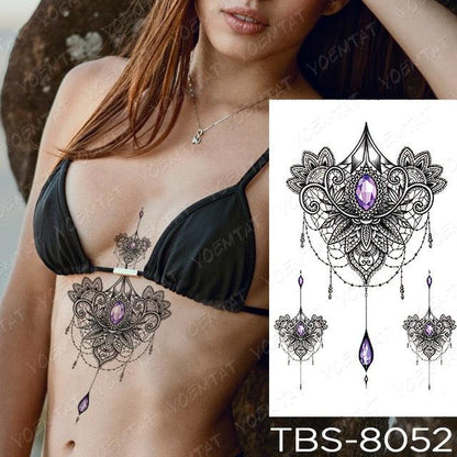 Black Sketchs Flowers Waterproof Temporary Tattoo Sticker Chest Flash Tattoo Wolf Diamond Flower Body Art Arm Fake Tattoo For Womens Men