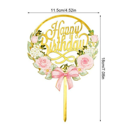 1Pcs Metal Happy Birthday Cake Topper Artificial flowers Cake Toppers Happy Birthday Cake Topper Metal And Acrylic Cake Decoration With Pink Artificial Flower Cluster For DIY Baby Shower Birthday Party Decoration Baking Decor