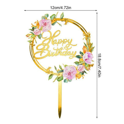 1Pcs Metal Happy Birthday Cake Topper Artificial flowers Cake Toppers Happy Birthday Cake Topper Metal And Acrylic Cake Decoration With Pink Artificial Flower Cluster For DIY Baby Shower Birthday Party Decoration Baking Decor