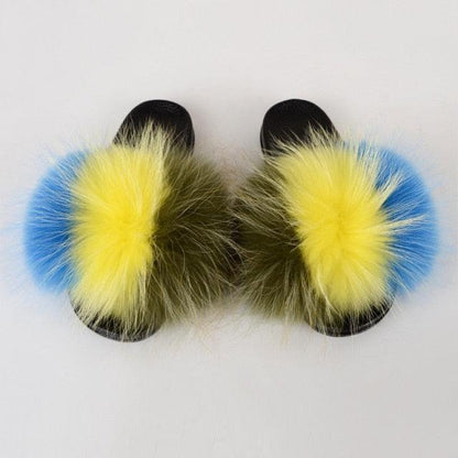 Summer Women Raccoon Fur Slippers Plush Slides Furry Sandals Fluffy House Shoes Girl's Cute Flip Flops Sandal With Soft Furry Faux Fox Fur House Outdoor Multicolor Slippers