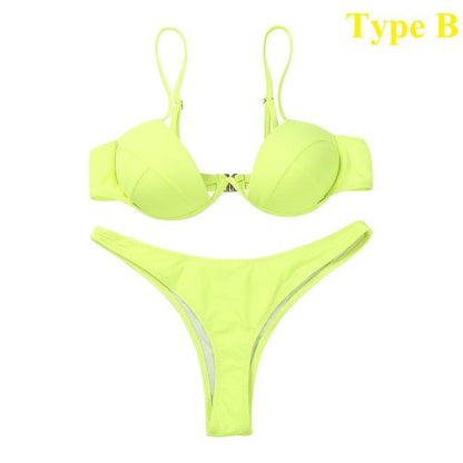 Push Up Unpadded Bikini Set Women 4 Colors Bandage Bikini Set Swimsuit Thong Bottom Swimwear Two Pieces Plain Bikini Bathing Suit Swimwear Bathing
