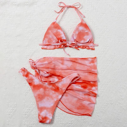 3 Piece Women Bikini Modern Swimsuit Women High Cut  Suit Halter Swimwear Women's Bikini Swimsuits With Wrap Skirt Lace Up Pieces Strings High Cut Bikini Set Bathing Suits Female Triangle Backless Bathing Suit