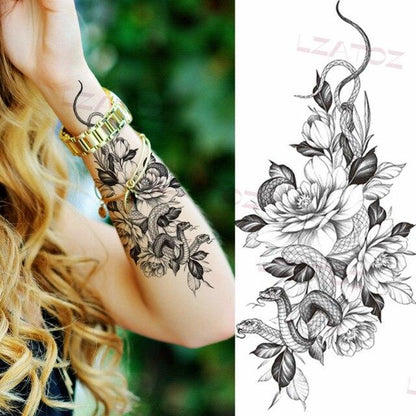 Realistic Sketches Black Flowers Temporary Waterproof Flower Tattoos Modern Body Arm Drawing For Womens