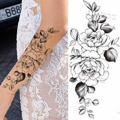 Realistic Sketches Black Flowers Temporary Waterproof Flower Tattoos Modern Body Arm Drawing For Womens