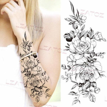 Realistic Sketches Black Flowers Temporary Waterproof Flower Tattoos Modern Body Arm Drawing For Womens