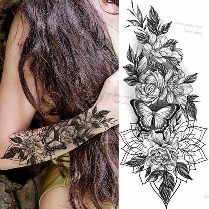Realistic Sketches Black Flowers Temporary Waterproof Flower Tattoos Modern Body Arm Drawing For Womens
