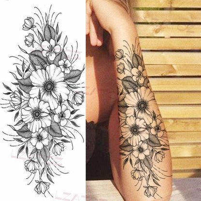Realistic Sketches Black Flowers Temporary Waterproof Flower Tattoos Modern Body Arm Drawing For Womens