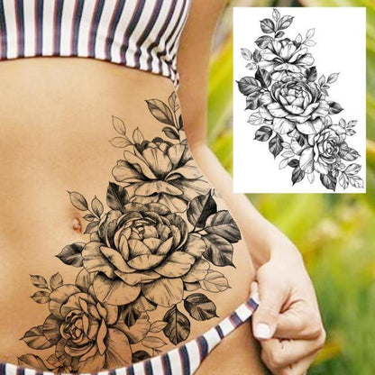 Realistic Big Flower Temporary Waterproof Sticker Tattoos For Body Painting Arm Legs Fake Black Rose Tattoos For Womens