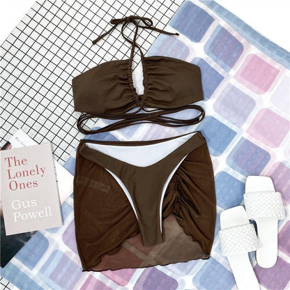 Halter Hollow Cross Bikinis Set Swimsuit Women's New Solid Two-Piece Swimwear Two Piece Swimsuit Halter Crisscross Cut Out Bikini Wrap Top with High Waist  Bottom Beach Swimwear Summer Beachwear Woman Bath Bathing Suit