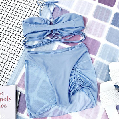 Halter Hollow Cross Bikinis Set Swimsuit Women's New Solid Two-Piece Swimwear Two Piece Swimsuit Halter Crisscross Cut Out Bikini Wrap Top with High Waist  Bottom Beach Swimwear Summer Beachwear Woman Bath Bathing Suit