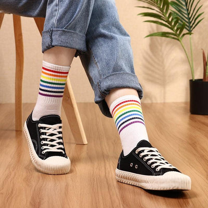 Fashion Socks Cotton Rainbow Color Black And White Christmas Gift Classic Warm Casual Tide Harajuku Funny Cute Pop Korean Socks Short Socks For Men And Women
