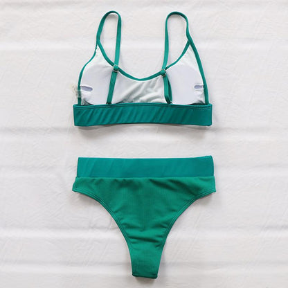 High Waist Bikinis Ribbed Swimwear Women Push Up Swimsuits Women's Scoop Neck Swimsuits High Waist Bikini Sets 2 Piece Bathing Suit Solid Strap Bathing Suit Female Set