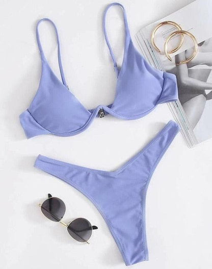 Neon V-bar Underwired Bikini Female Ribbed Swimsuit Women Swimwear Two-pieces Bikini set Push up Bathing Suit