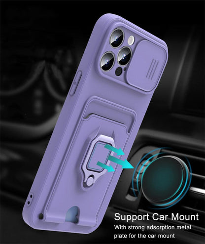 Purple Silicone Slide Camera Protector Case For iPhone 14 11 12 13 Pro Max X XR XS Magnetic Ring Card Holder Cover Heavy Duty Multifunctional Shockproof Magnetic Cover Case & Holder