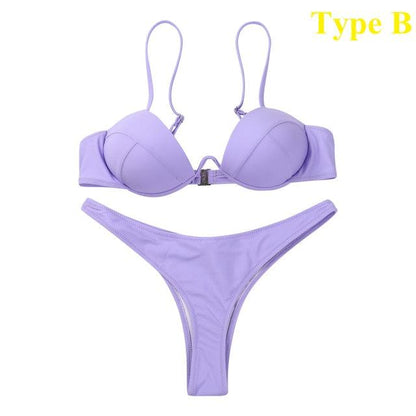 Push Up Unpadded Bikini Set Women 4 Colors Bandage Bikini Set Swimsuit Thong Bottom Swimwear Two Pieces Plain Bikini Bathing Suit Swimwear Bathing