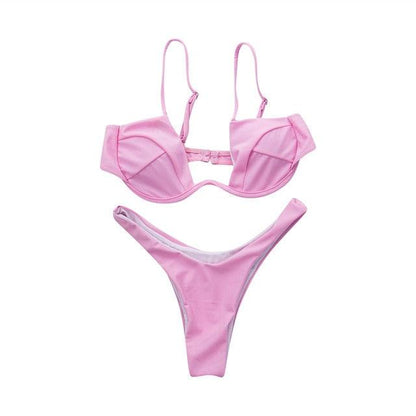 Push Up Unpadded Bikini Set Women 4 Colors Bandage Bikini Set Swimsuit Thong Bottom Swimwear Two Pieces Plain Bikini Bathing Suit Swimwear Bathing