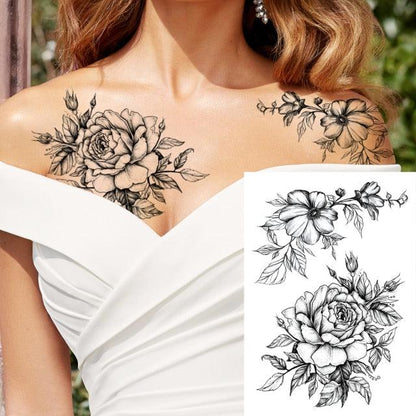 Realistic Big Flower Temporary Waterproof Sticker Tattoos For Body Painting Arm Legs Fake Black Rose Tattoos For Womens
