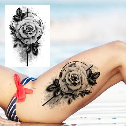 Realistic Big Flower Temporary Waterproof Sticker Tattoos For Body Painting Arm Legs Fake Black Rose Tattoos For Womens