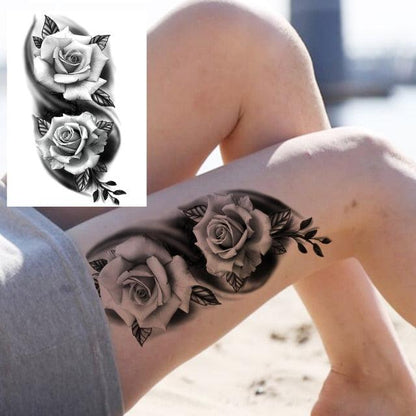 Realistic Big Flower Temporary Waterproof Sticker Tattoos For Body Painting Arm Legs Fake Black Rose Tattoos For Womens