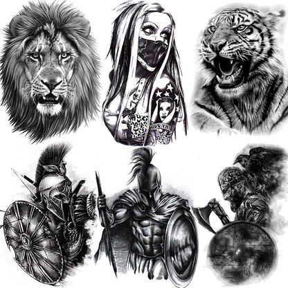Realistic Lion Temporary Tattoo Black Warrior Sticker Waterproof Luxury Tattoo For Men Women