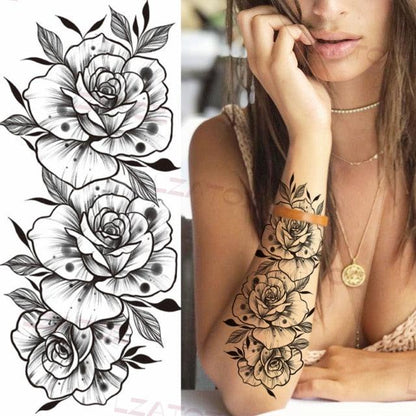 Realistic Sketches Black Flowers Temporary Waterproof Flower Tattoos Modern Body Arm Drawing For Womens
