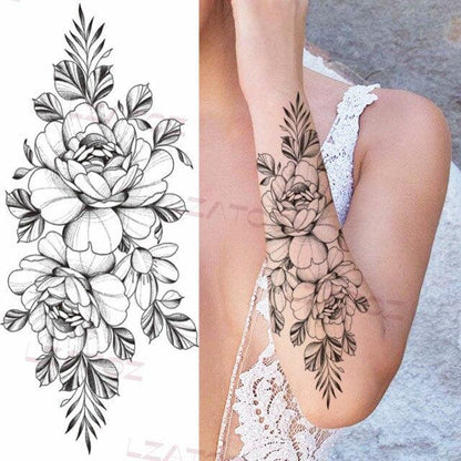 Realistic Sketches Black Flowers Temporary Waterproof Flower Tattoos Modern Body Arm Drawing For Womens