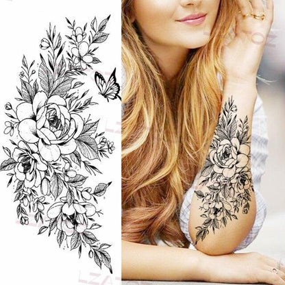 Realistic Sketches Black Flowers Temporary Waterproof Flower Tattoos Modern Body Arm Drawing For Womens