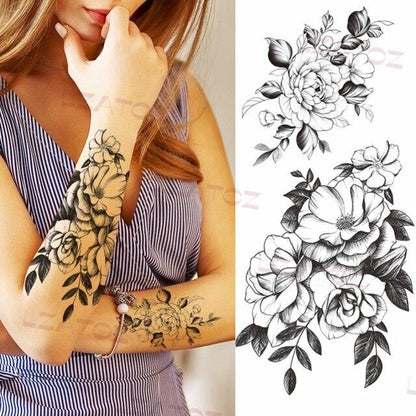 Realistic Sketches Black Flowers Temporary Waterproof Flower Tattoos Modern Body Arm Drawing For Womens