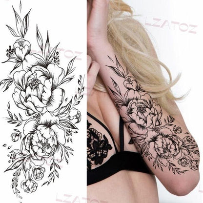 Realistic Sketches Black Flowers Temporary Waterproof Flower Tattoos Modern Body Arm Drawing For Womens