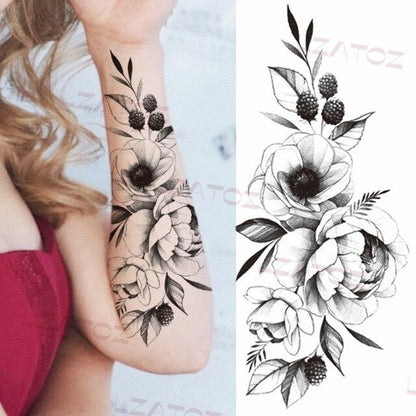 Realistic Sketches Black Flowers Temporary Waterproof Flower Tattoos Modern Body Arm Drawing For Womens