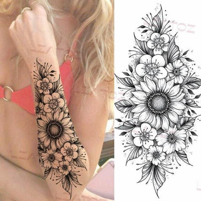 Realistic Sketches Black Flowers Temporary Waterproof Flower Tattoos Modern Body Arm Drawing For Womens