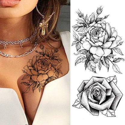 Realistic Sketches Black Flowers Temporary Waterproof Flower Tattoos Modern Body Arm Drawing For Womens
