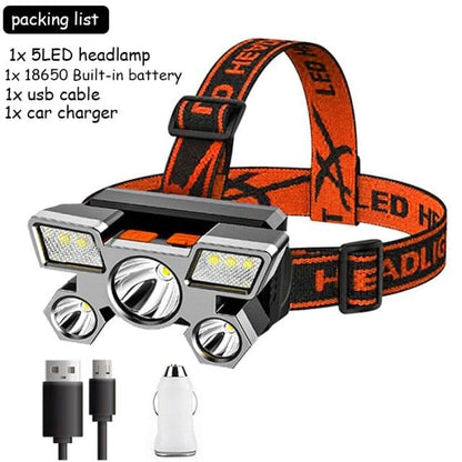 Rechargeable Adjustable  USB 5LED Headlamp with High Lumen Handsfree Waterproof Portable Ability Focusing Ring Headlight Flashlight  Torchlight For Outdoor  Camping Hiking Running Headlight