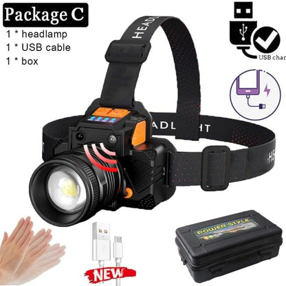 Rechargeable High Lumens Work Headlight Ultra Bright Headlamp LED Headlight Sensor Powerful  Head Lamp Waterproof Flashlight For Adults Running Hiking Camping Fishing