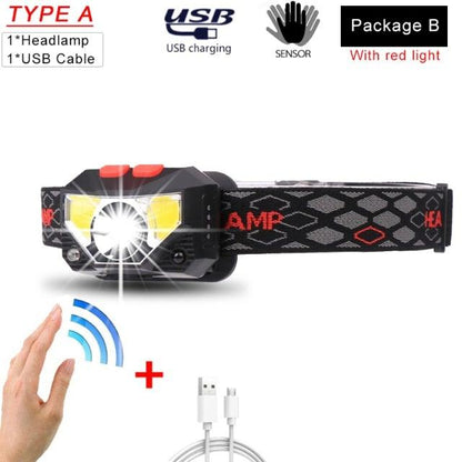 Rechargeable Powerful USB LED High Lumen Headlamp Ultra-Light Bright Headlight Waterproof Sensor Head Light  For Outdoors Camping Running Hiking Biking Fishing