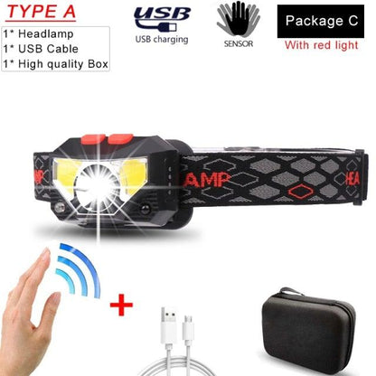 Rechargeable Powerful USB LED High Lumen Headlamp Ultra-Light Bright Headlight Waterproof Sensor Head Light  For Outdoors Camping Running Hiking Biking Fishing