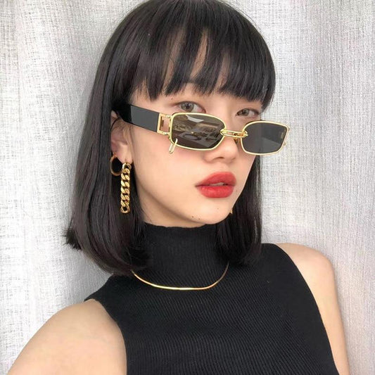Rectangle Sunglasses Women Trendy Design UV Protection Small Sun Glasses Small Size Rectangle New Punk Style Sunglasses For Women  Design New Stylish Vintage Metal Ring With  Decoration Sunglasses In Decent Shades For Men & Women