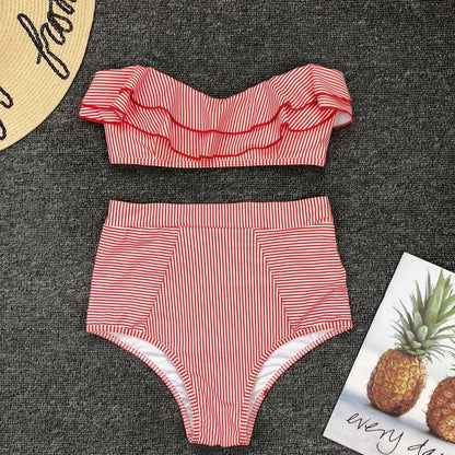 Retro Blue White Striped High Waist Bikini Lady Swimwear Women Swimsuit Female Ruffle Swim Bathing Suit  Piece Vintage High Waist Bikini Set Ruffled Swimsuits For Women Bathing Suits