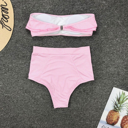 Retro Blue White Striped High Waist Bikini Lady Swimwear Women Swimsuit Female Ruffle Swim Bathing Suit  Piece Vintage High Waist Bikini Set Ruffled Swimsuits For Women Bathing Suits
