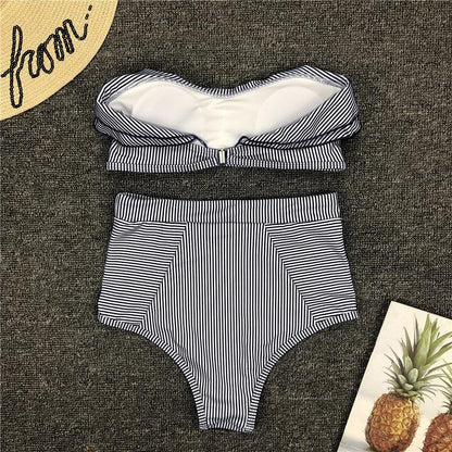 Retro Blue White Striped High Waist Bikini Lady Swimwear Women Swimsuit Female Ruffle Swim Bathing Suit  Piece Vintage High Waist Bikini Set Ruffled Swimsuits For Women Bathing Suits