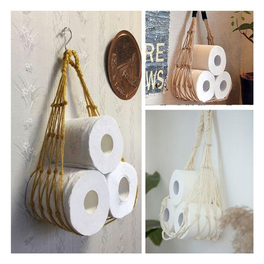 Rope Paper Towel Net Pocket Vintage Weave Toilet Roll Paper Hang Toilet Paper Holder Towel Net Pocket Paper Roll Storage Decorative Braided Jute Rope Toilet Paper Holder For Bathroom
