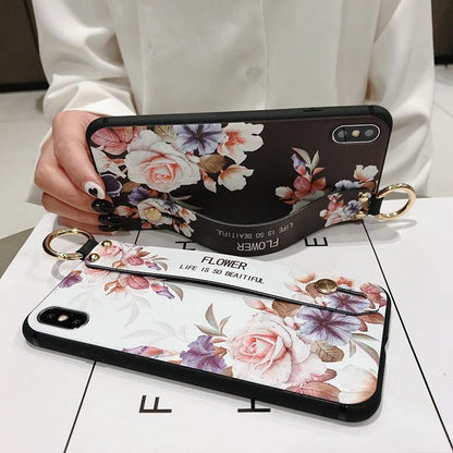 Rose Flowers Wrist Strap Phone Cases For iPhone 13 12 11 14 pro MAX X XR XS MAX 7 8 Plus Cover  Hand Band Cases Soft Full Protection Slim Colorful Protective Phone Case For iPhone