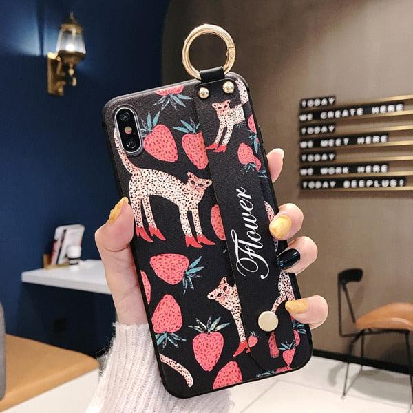 Rose Flowers Wrist Strap Phone Cases For iPhone 13 12 11 14 pro MAX X XR XS MAX 7 8 Plus Cover  Hand Band Cases Soft Full Protection Slim Colorful Protective Phone Case For iPhone