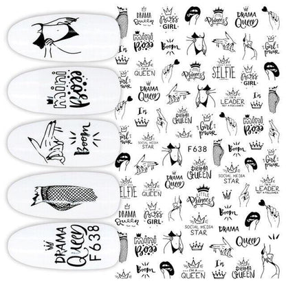 Sexy Lady Pattern 3D Nail Stickers Character Image Decals Slider Valentine Black White Nail Art Decoration Strip Line Nail Decal Self-Adhesive 3D Wave Design Decoration for Women Girls Art Stickers Decal Decoration Metallic Curve Strip Line Nail
