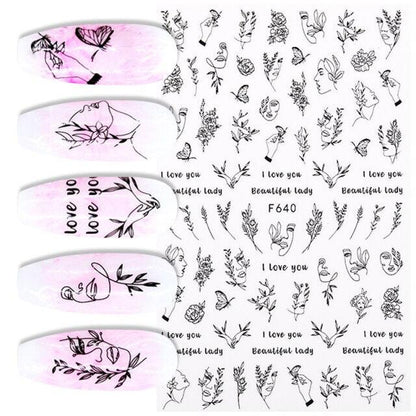 Sexy Lady Pattern 3D Nail Stickers Character Image Decals Slider Valentine Black White Nail Art Decoration Strip Line Nail Decal Self-Adhesive 3D Wave Design Decoration for Women Girls Art Stickers Decal Decoration Metallic Curve Strip Line Nail