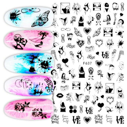 Sexy Lady Pattern 3D Nail Stickers Character Image Decals Slider Valentine Black White Nail Art Decoration Strip Line Nail Decal Self-Adhesive 3D Wave Design Decoration for Women Girls Art Stickers Decal Decoration Metallic Curve Strip Line Nail
